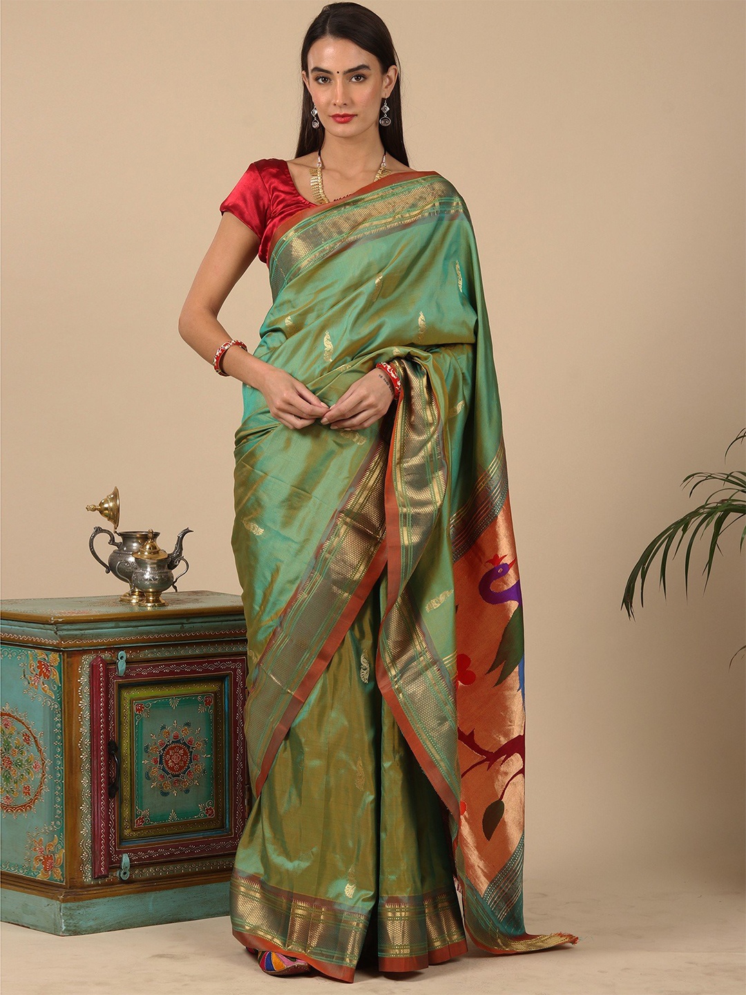 

Exotic India Woven Design Zari Pure Silk Paithani Saree, Green