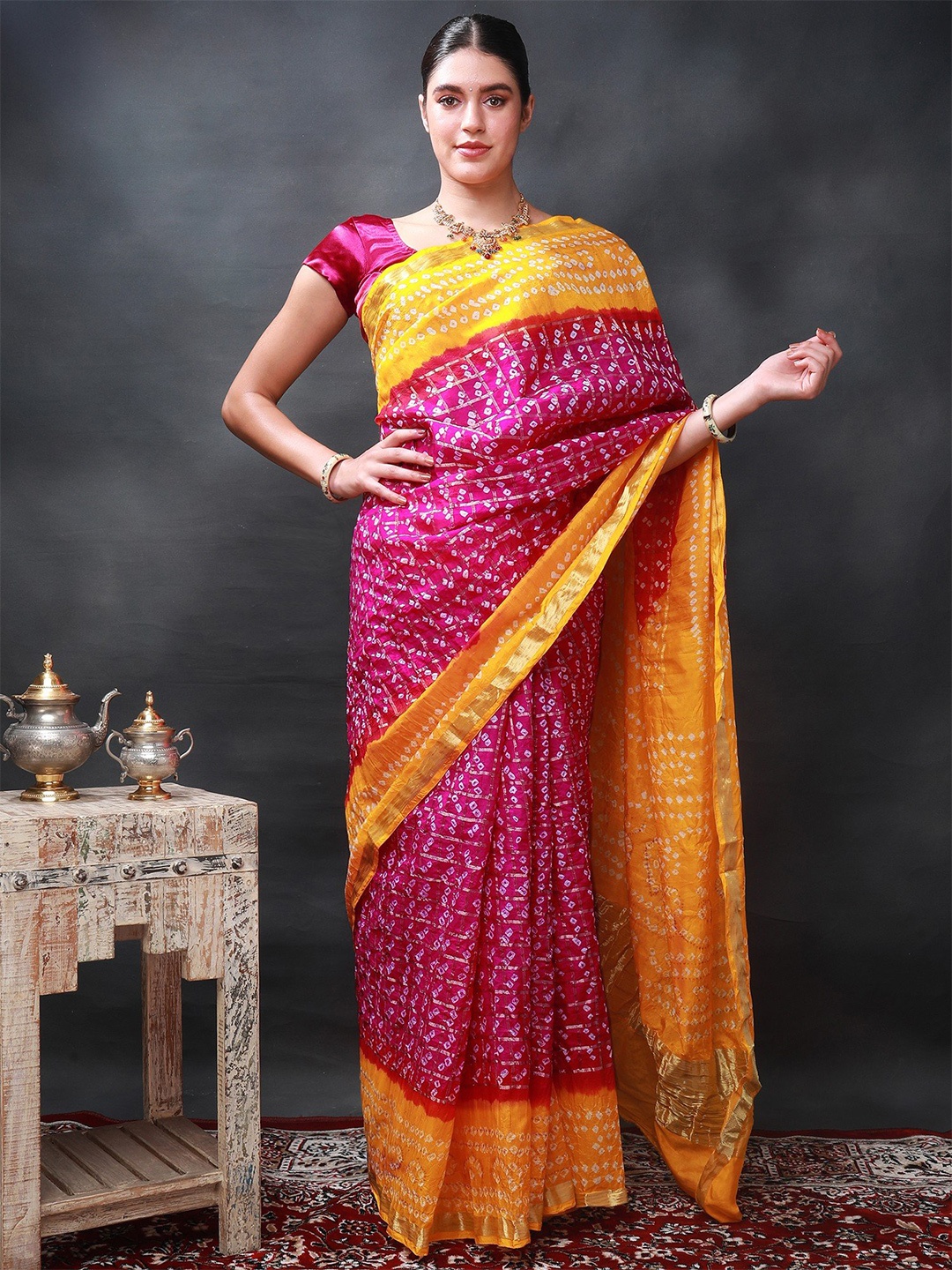 

Exotic India Pink Peacock Bandhani Pure Cotton Saree with All-Over Zari Weave