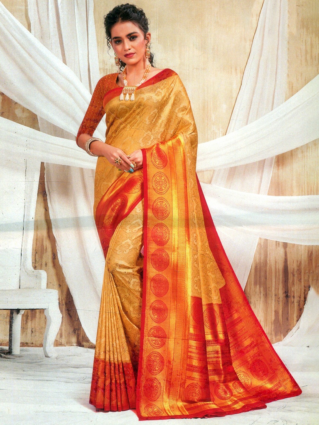 

Exotic India Ethnic Motifs Zari Pure Silk Banarasi Saree, Gold