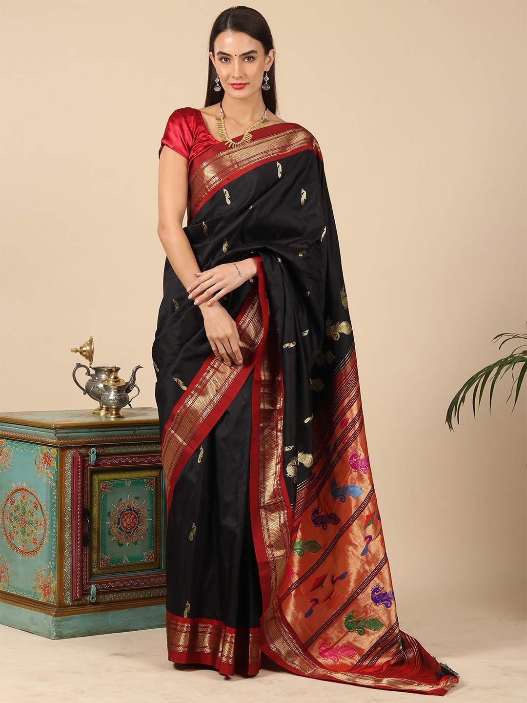 

Exotic India Woven Design Zari Pure Silk Paithani Saree, Black