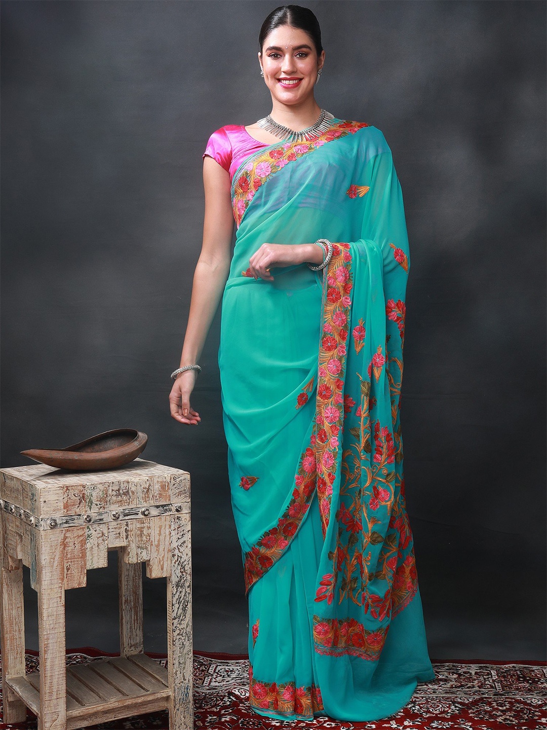 Exotic India Georgette Bright Aqua Kashmiri Saree with Kashida Embroidery, Blue