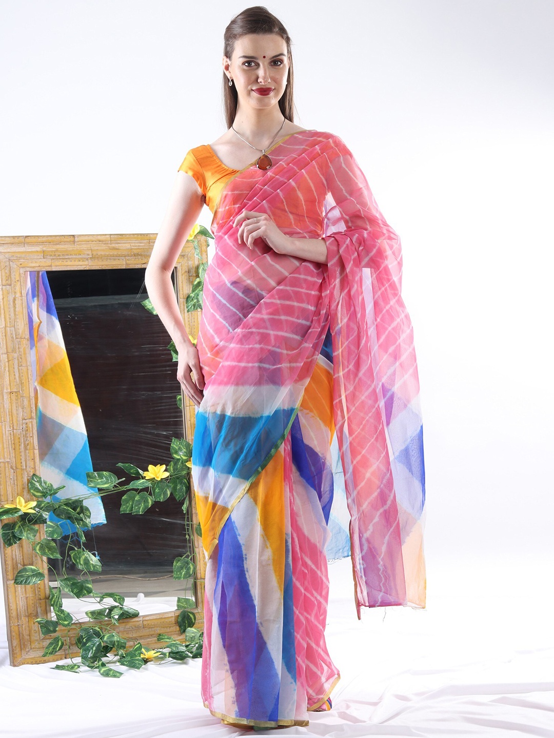 

Exotic India Leheriya Pure Chiffon Leheriya Saree, Pink