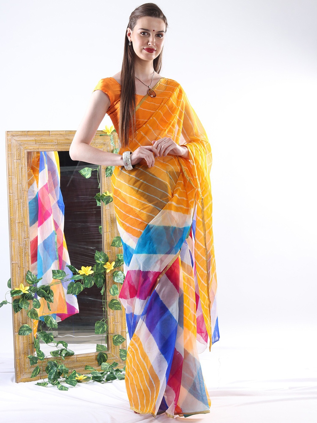 Exotic India Leheriya Pure Chiffon Leheriya Saree, Yellow