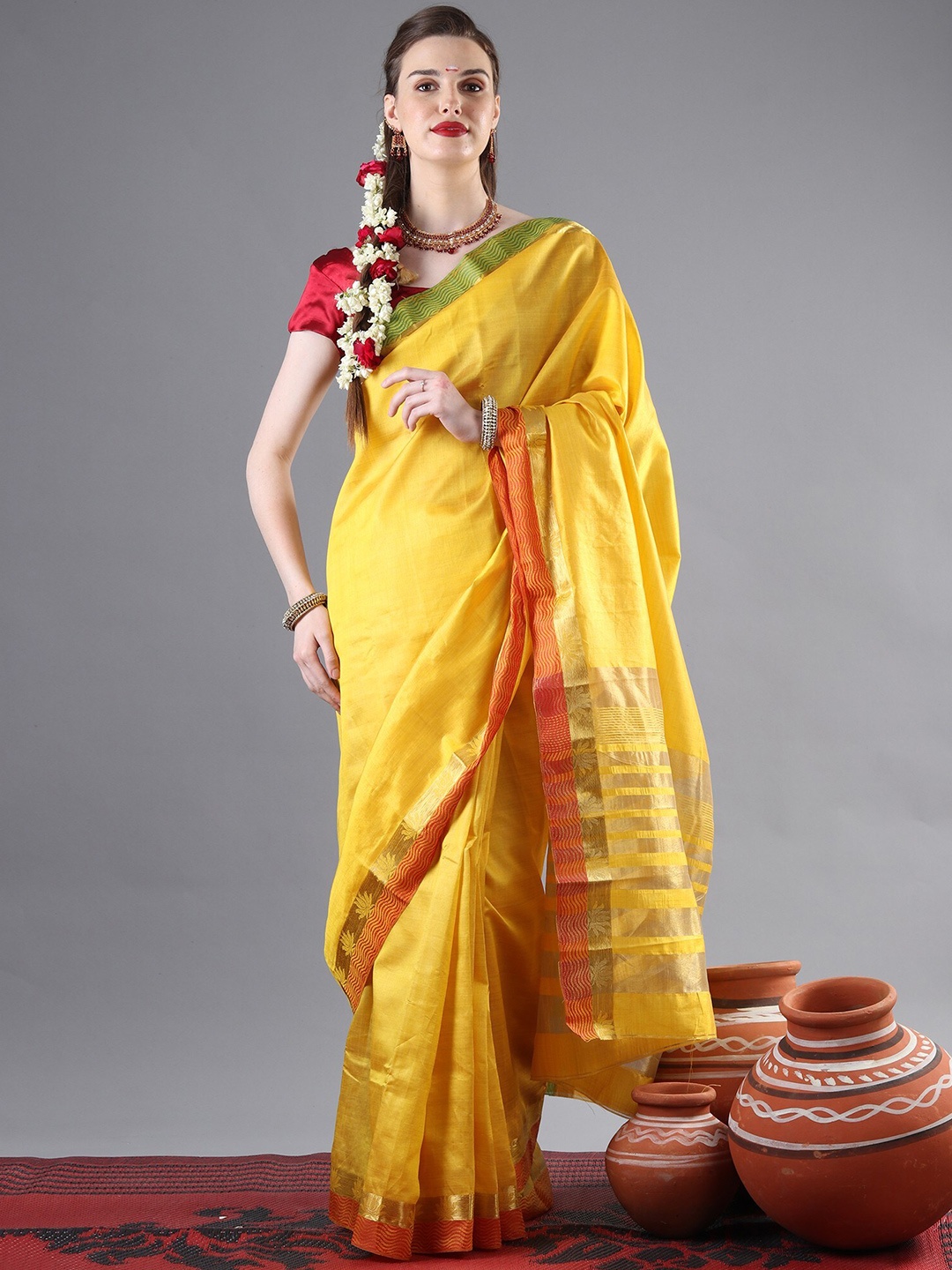 

Exotic India Zari Art Silk Saree, Yellow