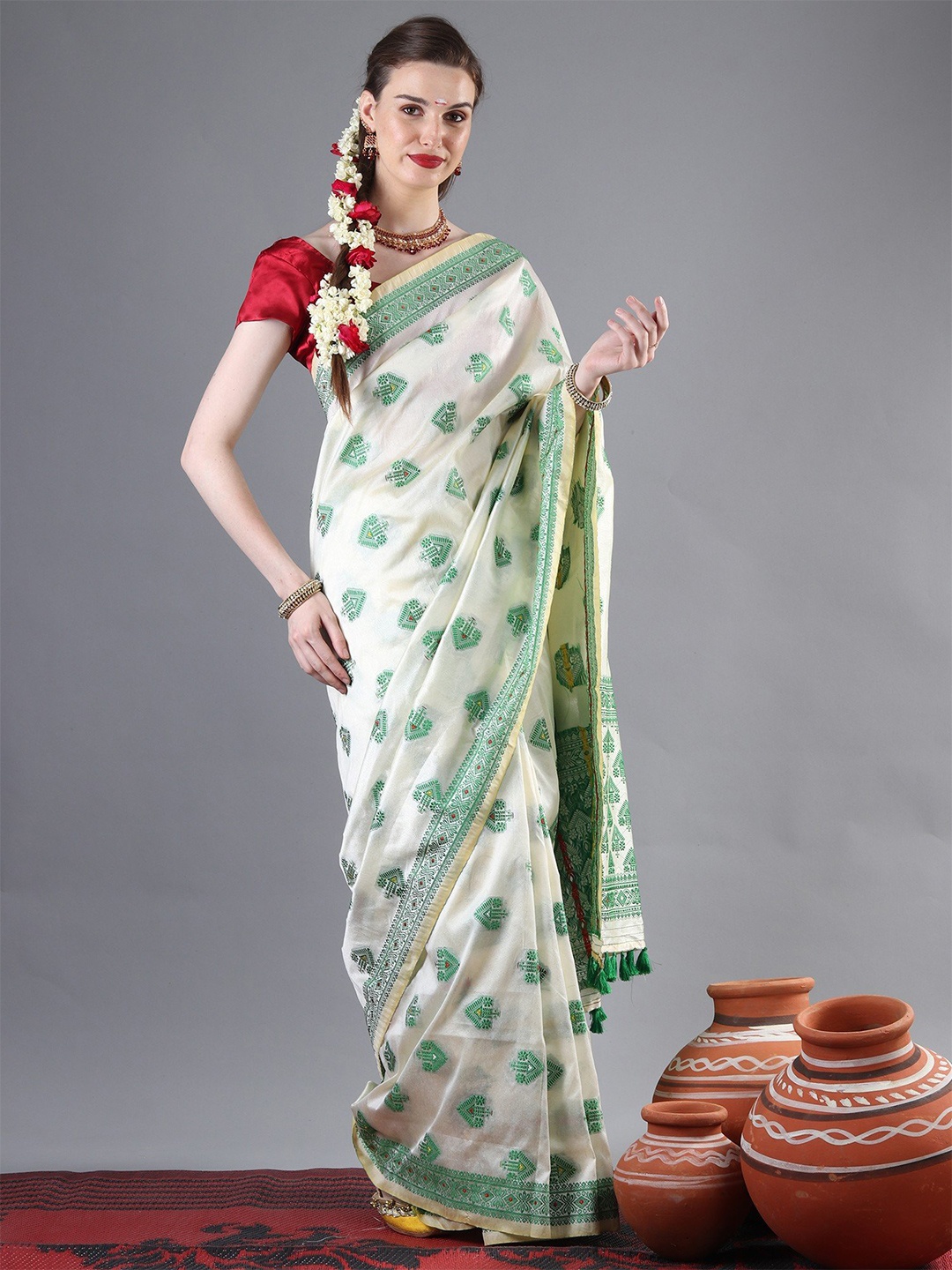 

Exotic India Italian Straw Assamese Silk Saree with Meenakari Traditional Motif and Tassel, White