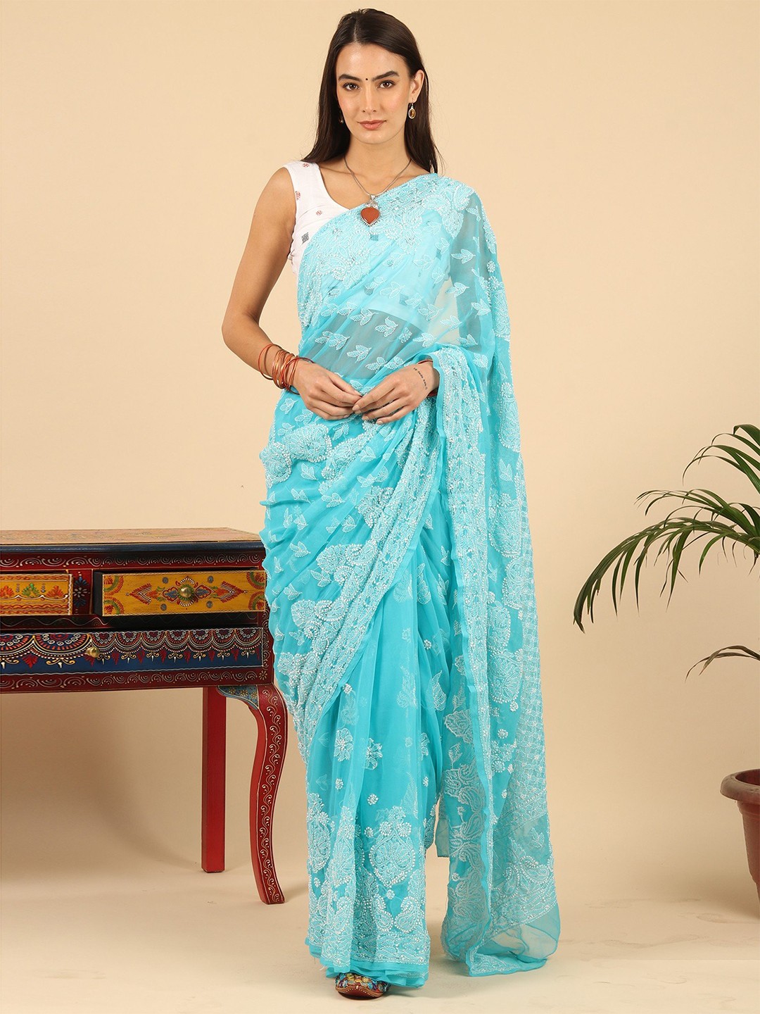

Exotic India Ethnic Motifs Chikankari Pure Georgette Saree, Blue