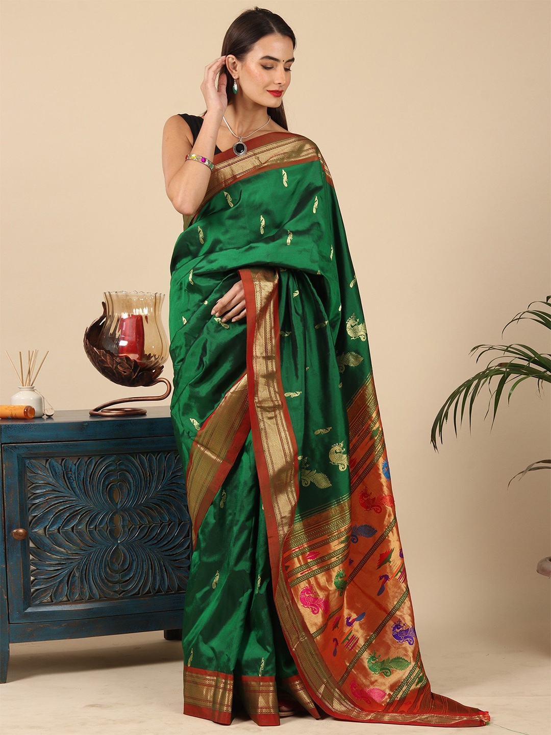 

Exotic India Woven Design Zari Pure Silk Paithani Saree, Green