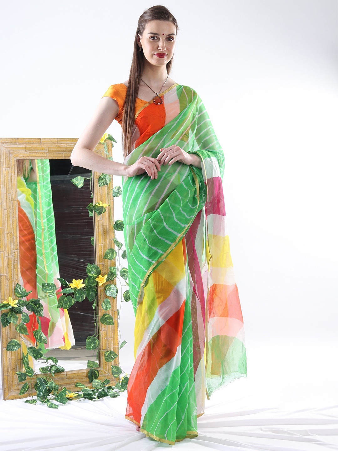 

Exotic India Striped Pure Chiffon Leheriya Saree, Green