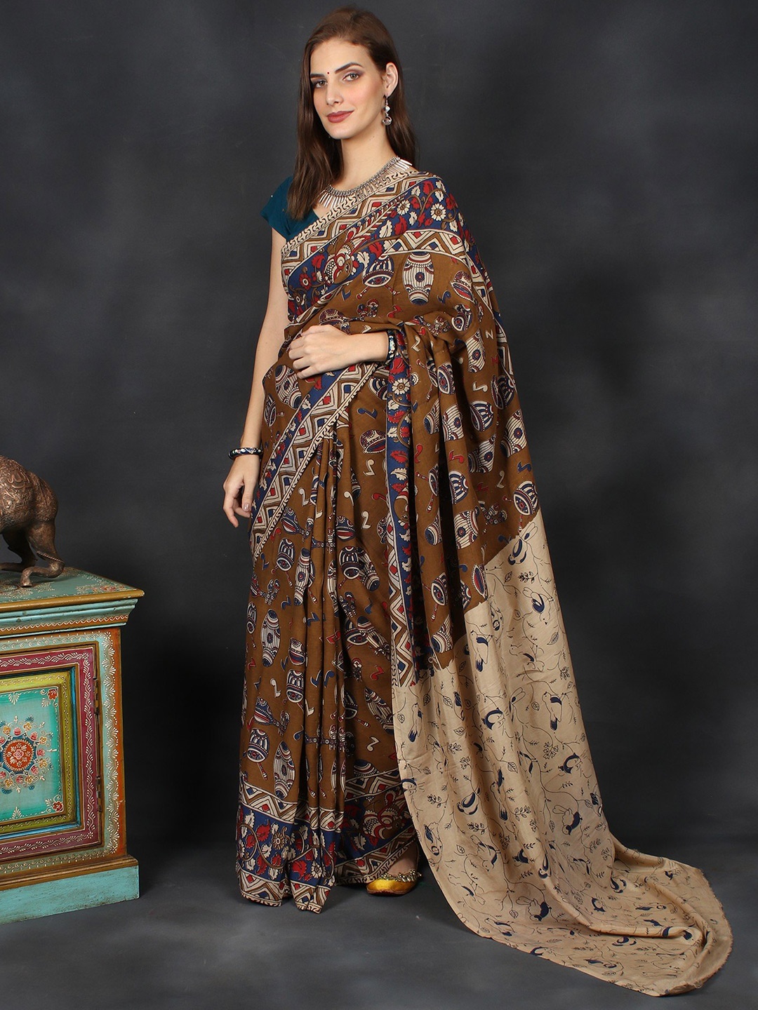 

Exotic India Kalamkari Silk Cotton Saree, Brown