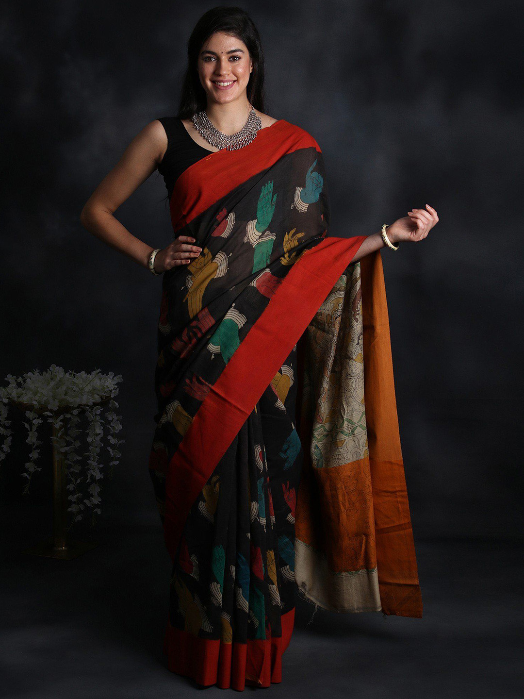 

Exotic India Ethnic Motifs Pure Cotton Saree, Black