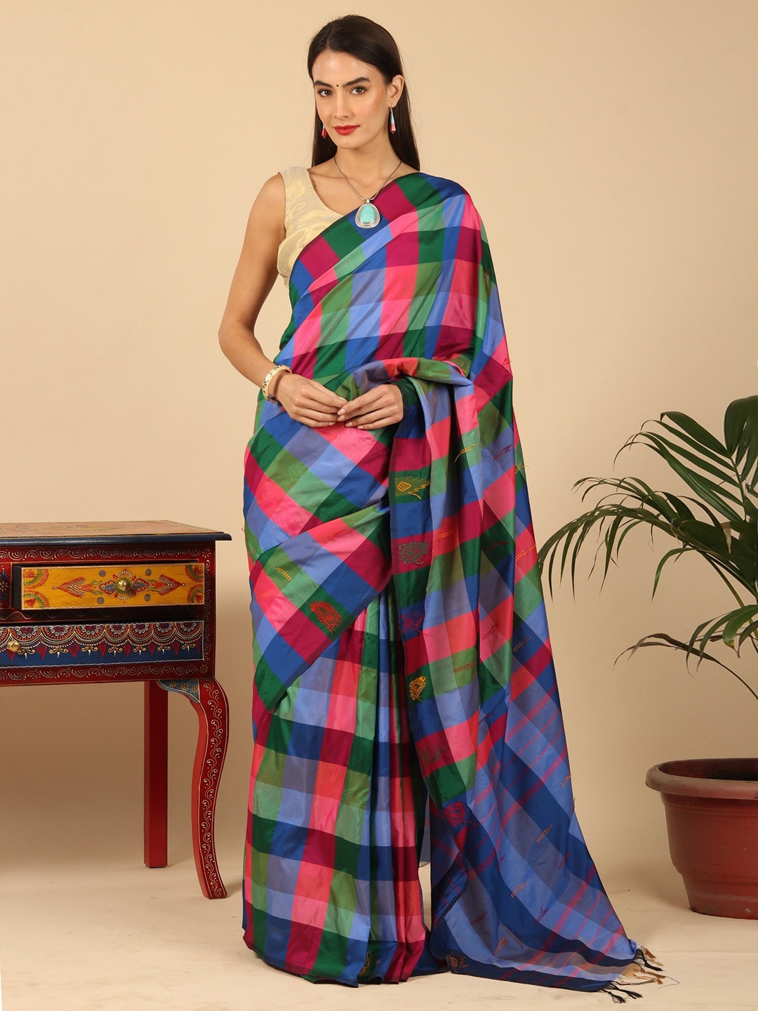 

Exotic India Checked Art Silk Saree, Blue