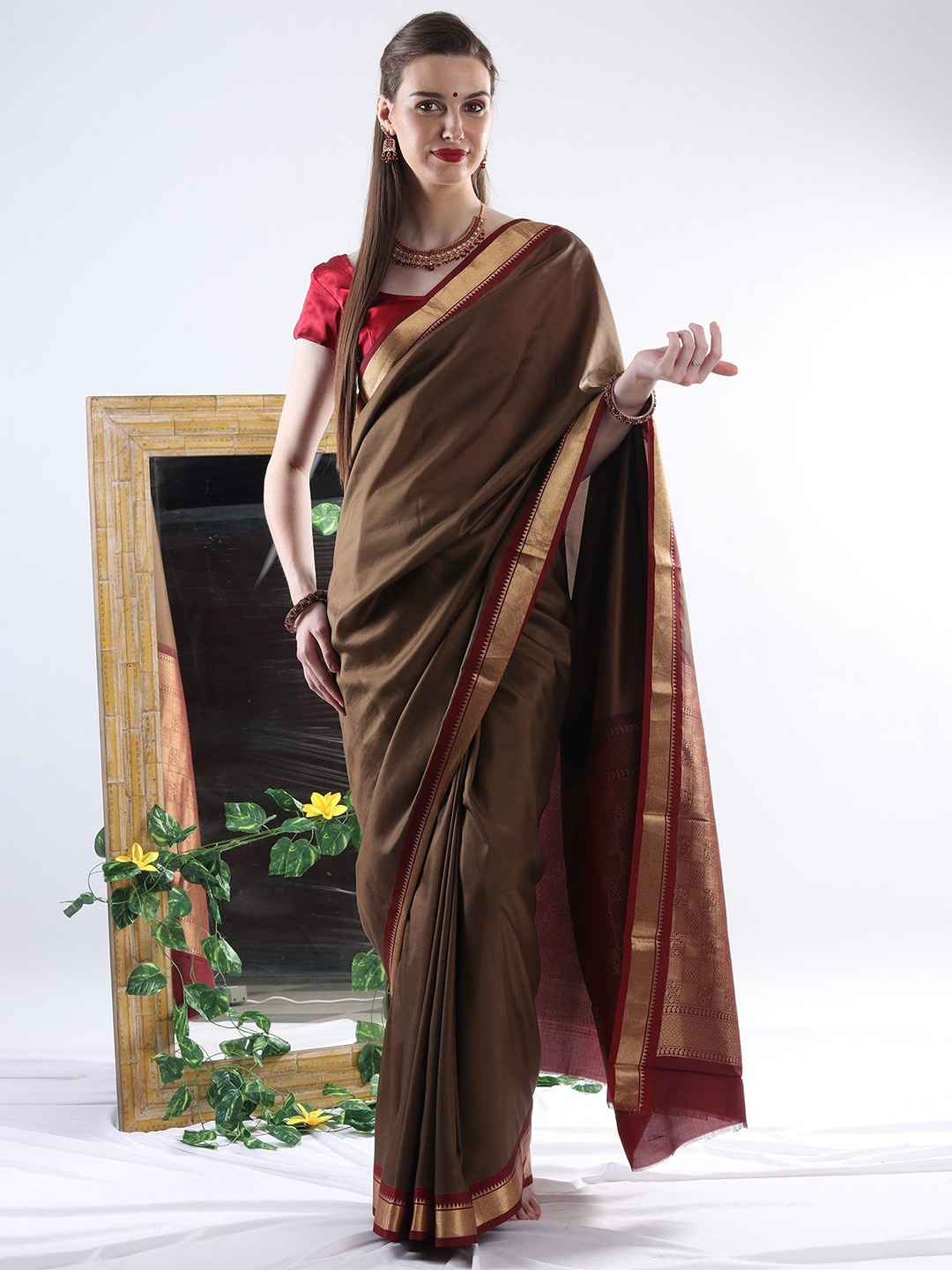 

Exotic India Zari Pure Silk Saree, Brown