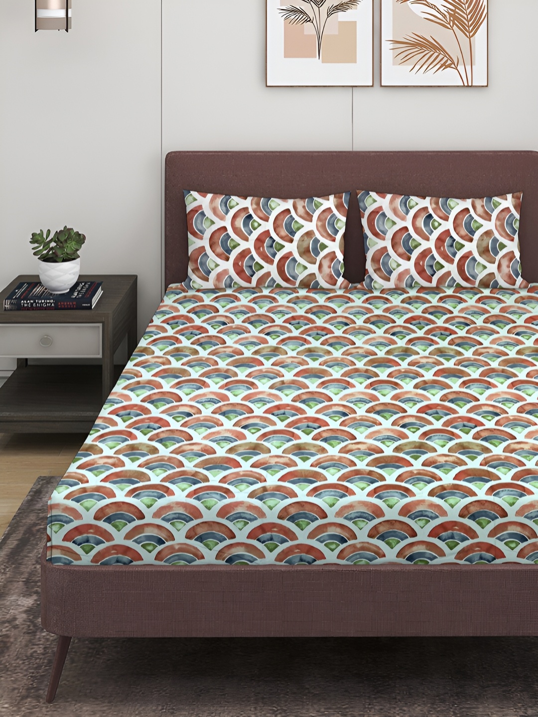 

ROMEE Maroon & White Geometric 300 TC Cotton King Bedsheet with 2 Pillow Covers