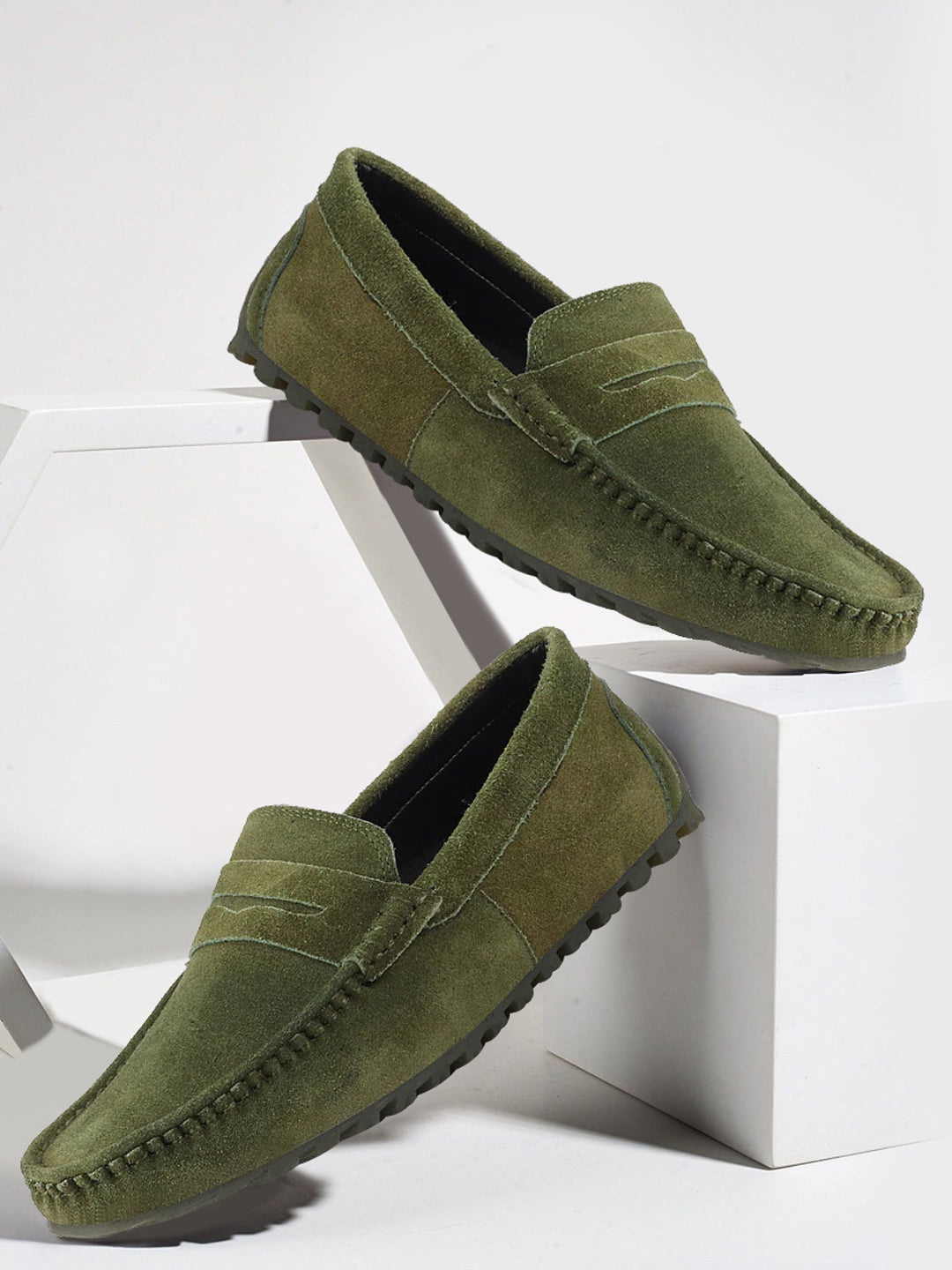 

FAUSTO Men Textured Round Toe Lightweight Suede Loafers, Green