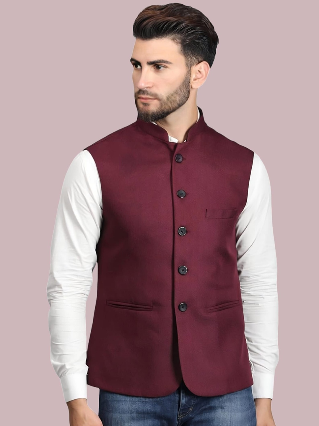

BAESD Mandarin Collar Nehru Jackets, Maroon