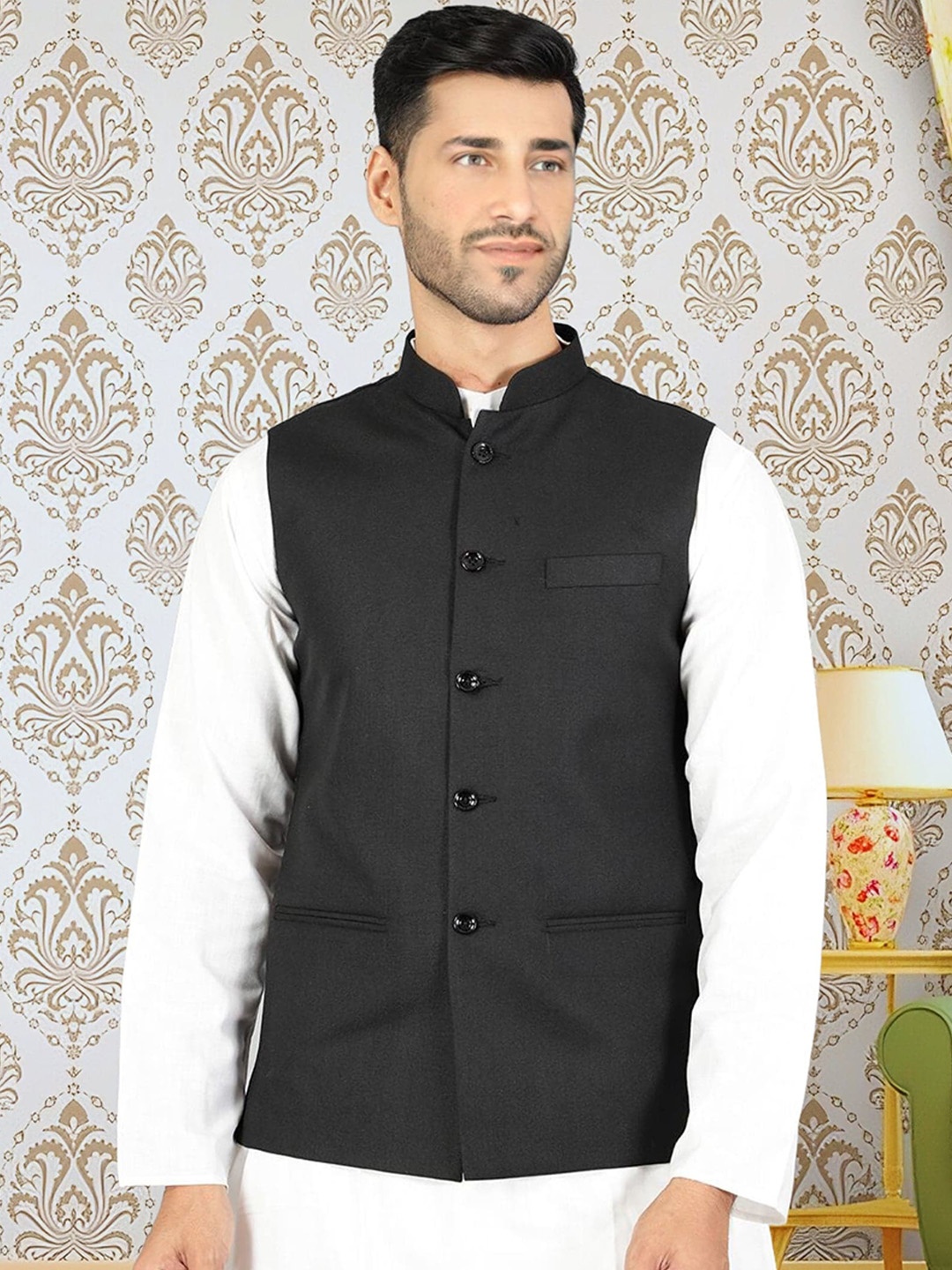 

BAESD Bandhgala Mandarin Collar Nehru Jacket, Black