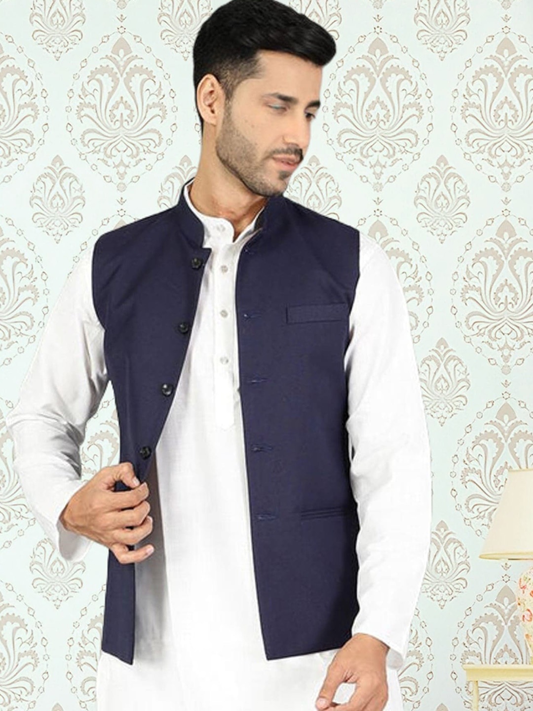 

BAESD Bandhgala Mandarin Collar Nehru Jackets, Navy blue