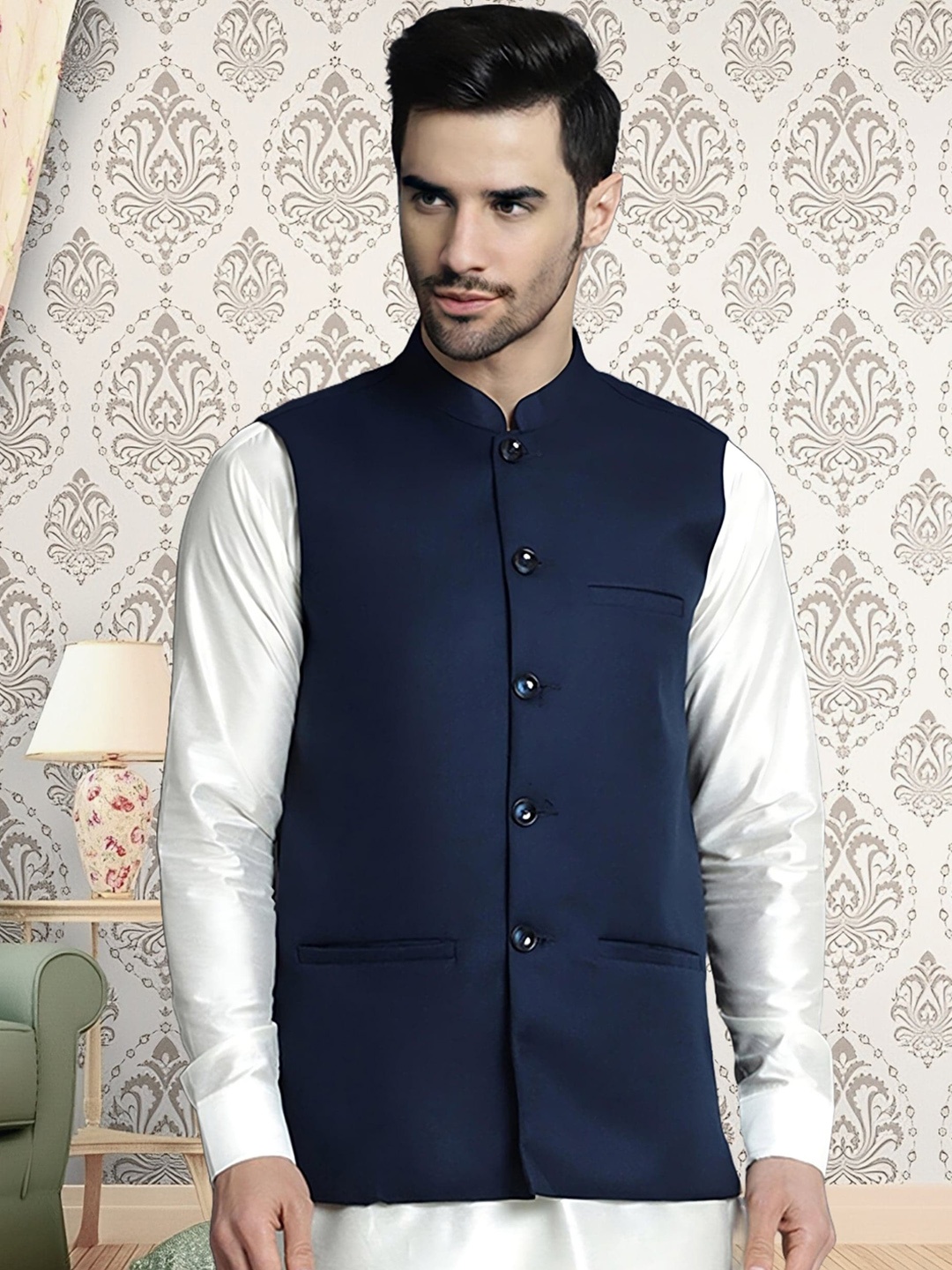 

BAESD Bandhgala Mandarin Collar Nehru Jacket, Navy blue