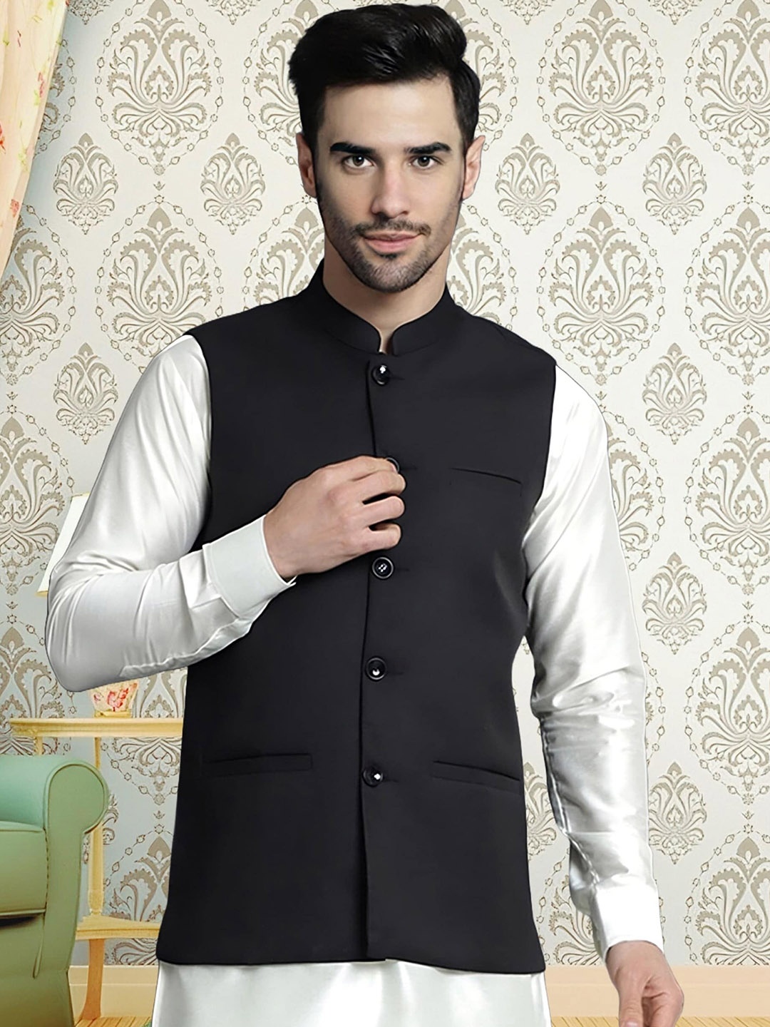 

BAESD Bandhgala Mandarin Collar Nehru Jacket, Black