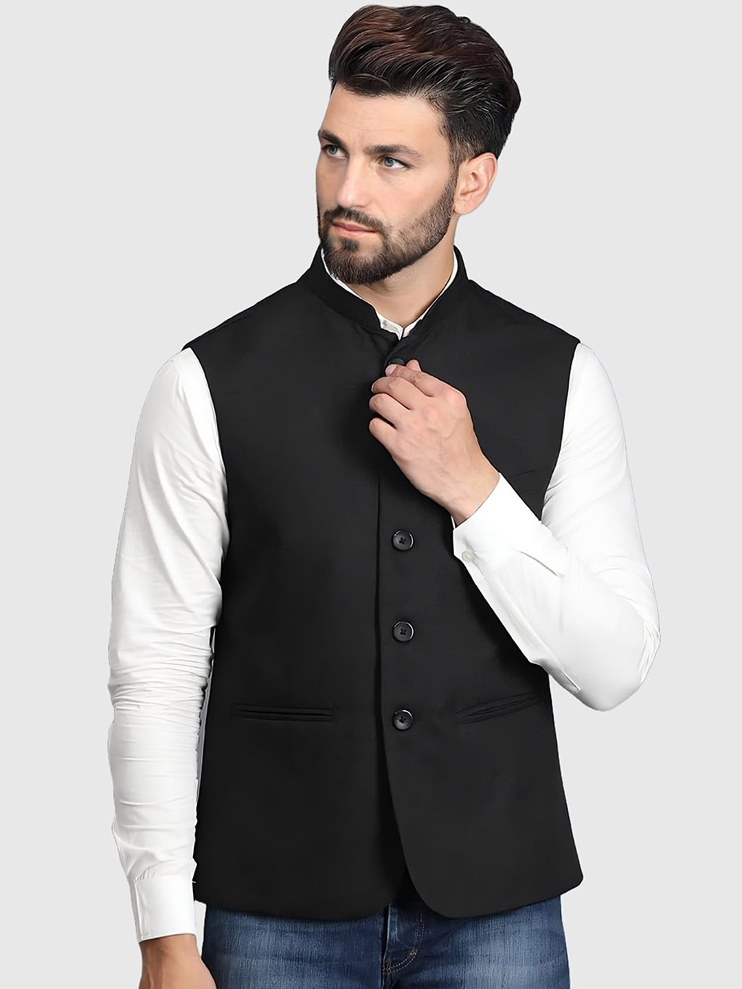 

BAESD Bandhgala Mandarin Collar Nehru Jacket, Black