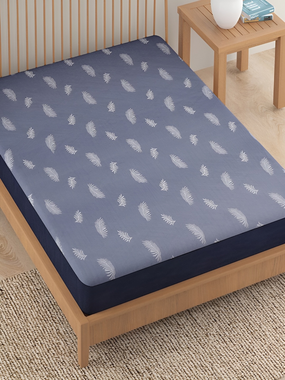 

HOKIPO White Printed Water Resistant Fitted Mattress Protector, Blue