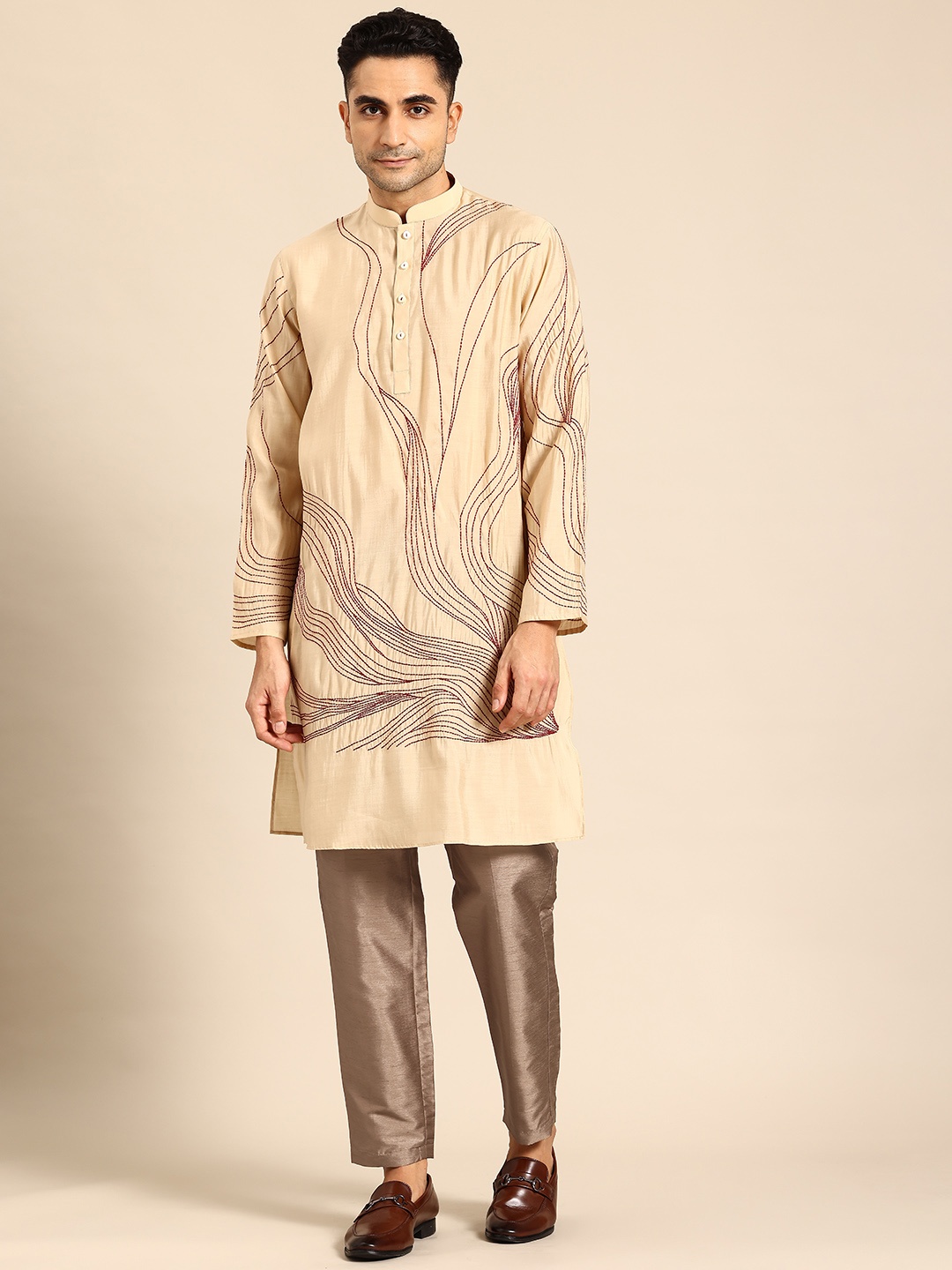 

Sayisha Woven Design Mandarin Collar Long Sleeves Kurta With Trousers, Beige