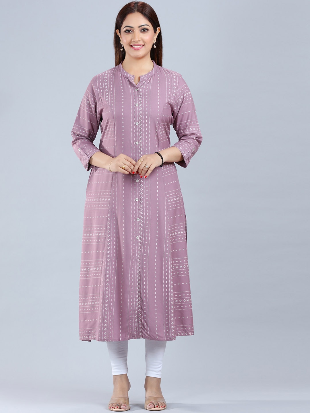 

COTTON CULTURE Geometric Printed Mandarin Collar Sequinned Kurta, Purple