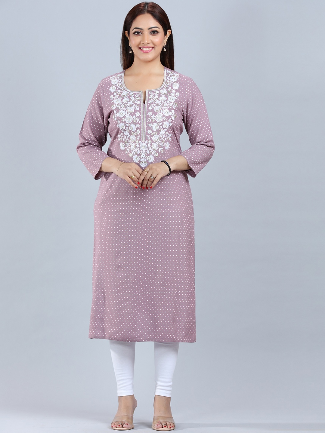 

COTTON CULTURE Floral Embroidered Notched Neck Chikankari Kurta, Purple
