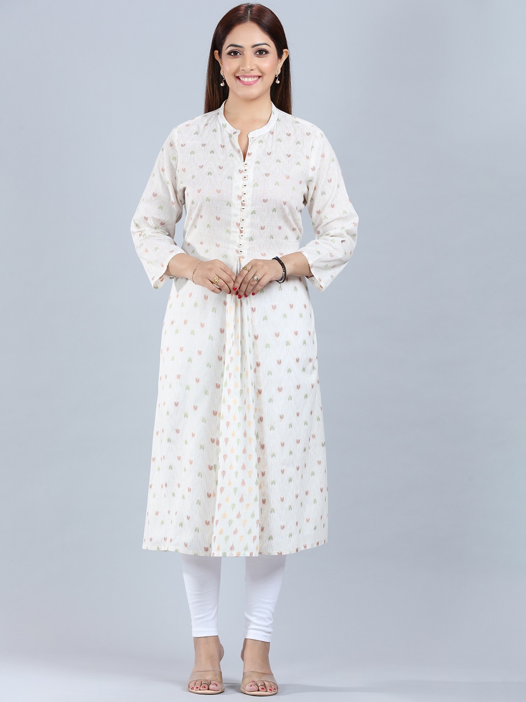 

COTTON CULTURE Ethnic Motifs Printed Notched Neck A-Line Kurta, Cream