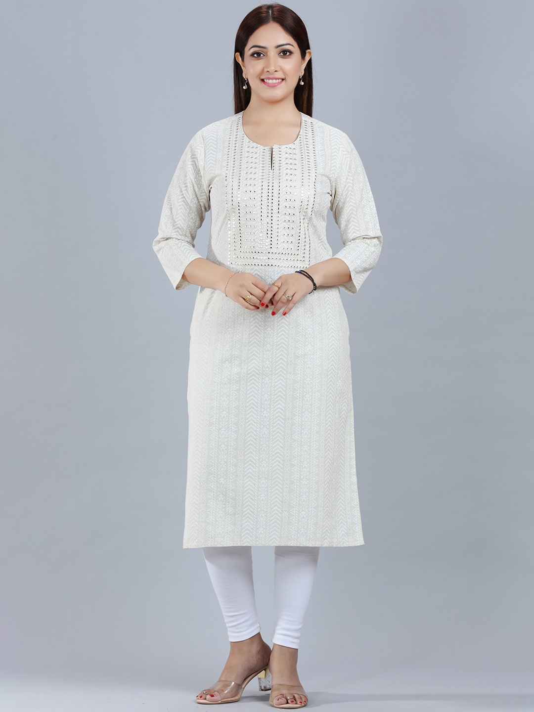 

COTTON CULTURE Striped Printed Notched Neck Mirror Work Cotton Kurta, Off white