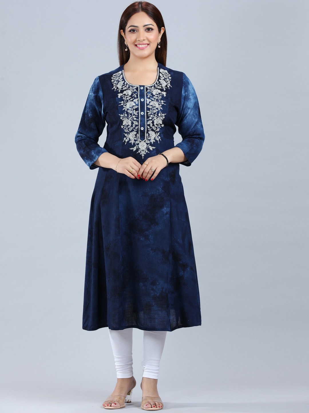 

COTTON CULTURE Floral Embroidered Beads and Stones A-Line Kurta, Navy blue