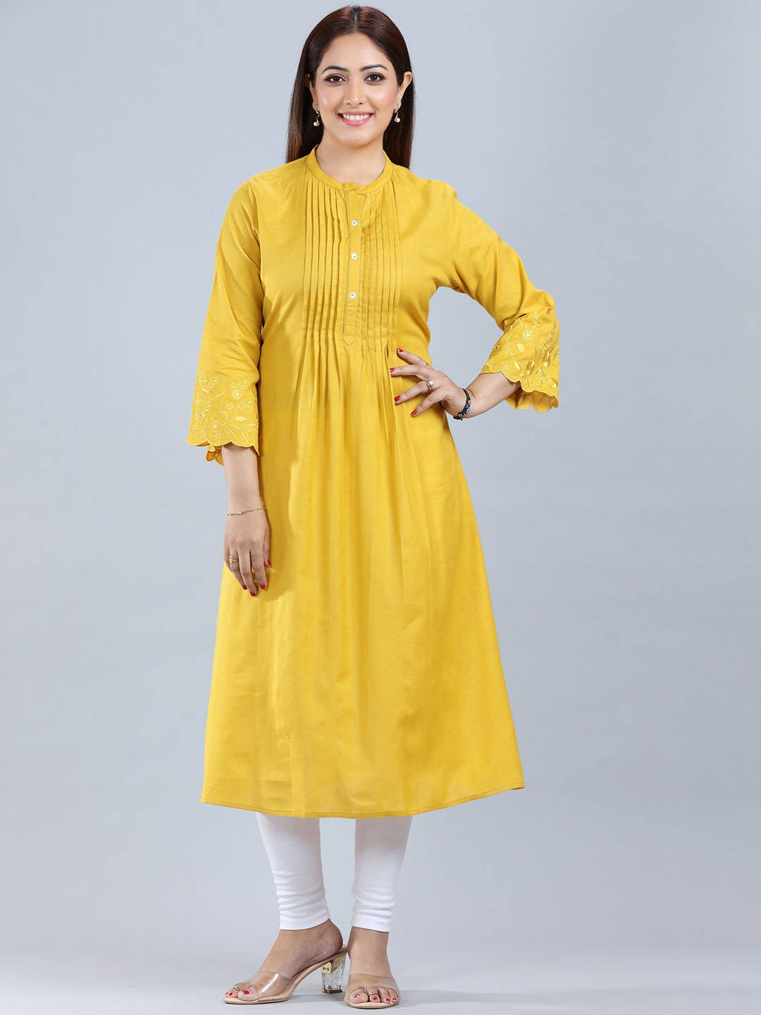

COTTON CULTURE Mandarin Collar Flared Sleeves Anarkali A-Line Kurta, Mustard
