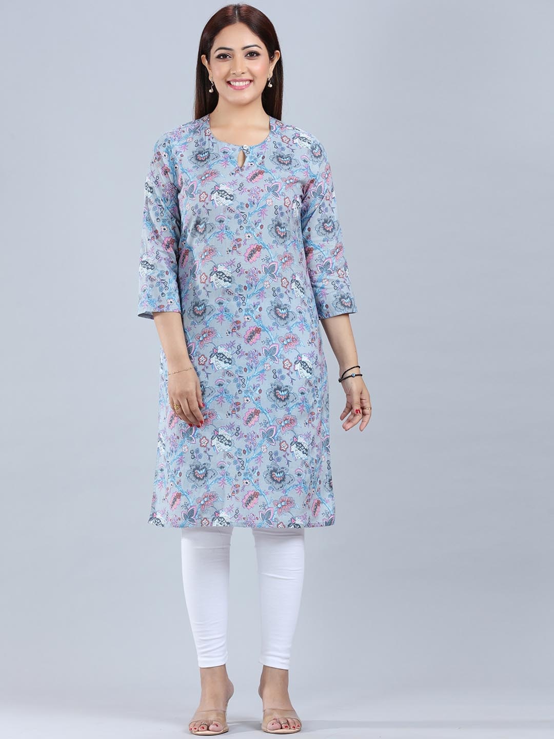 

COTTON CULTURE Floral Printed Keyhole Neck Cotton Straight Kurta, Grey