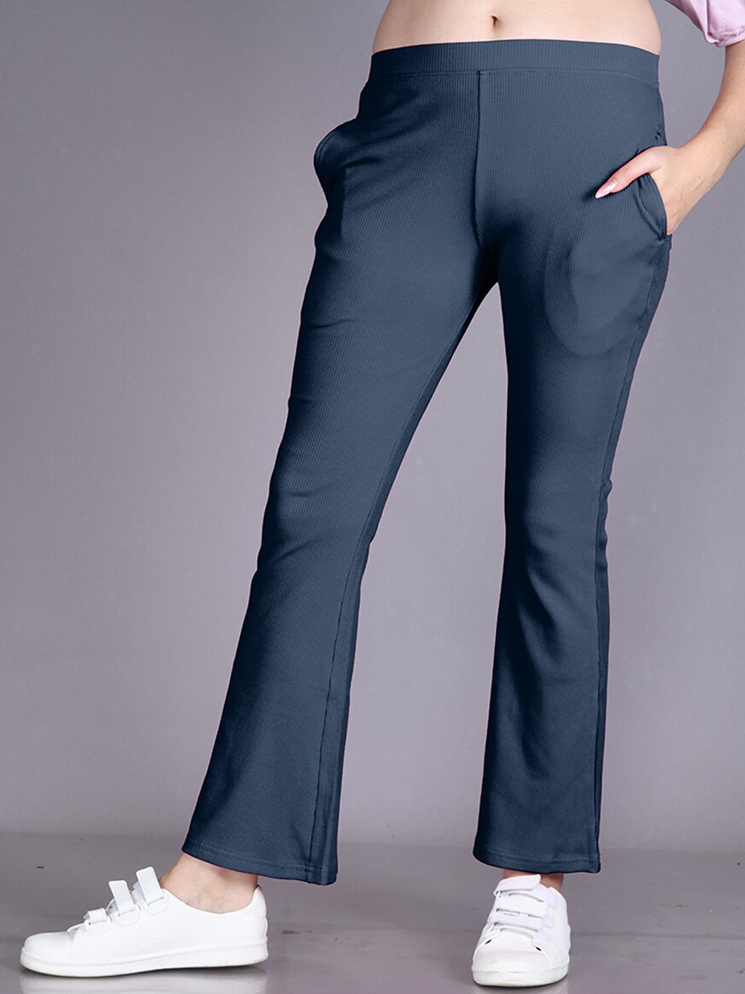 

LYRA Women Smart Flared Fit Mid-Rise Cotton Trousers, Navy blue
