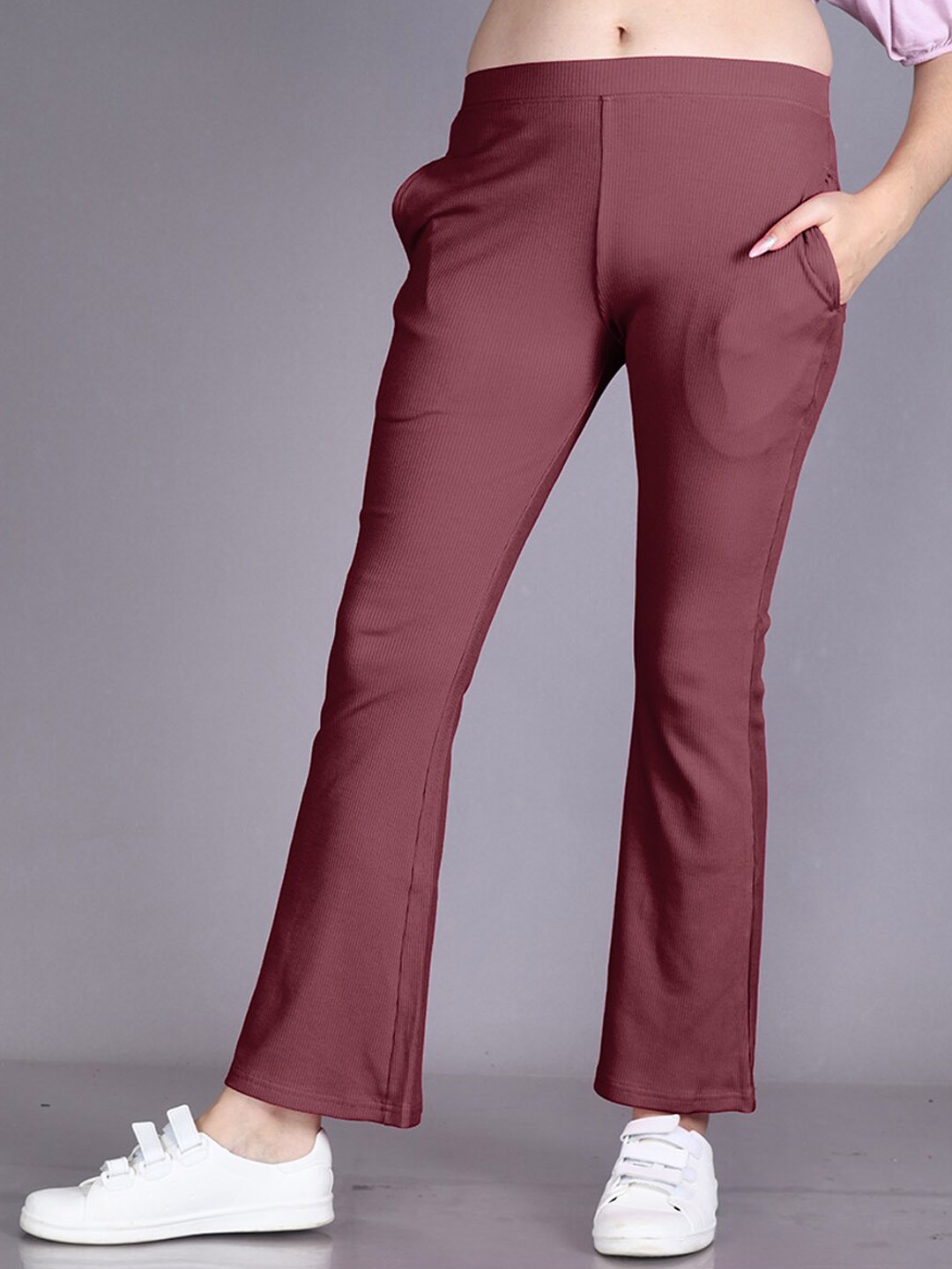 

LYRA Women Smart Flared Fit Mid-Rise Cotton Trousers, Maroon