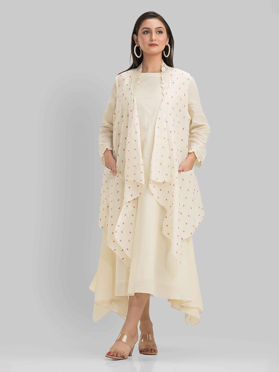 

SACRED SUTA Cotton A-Line Midi Dress With Embroidered Jacket, Off white