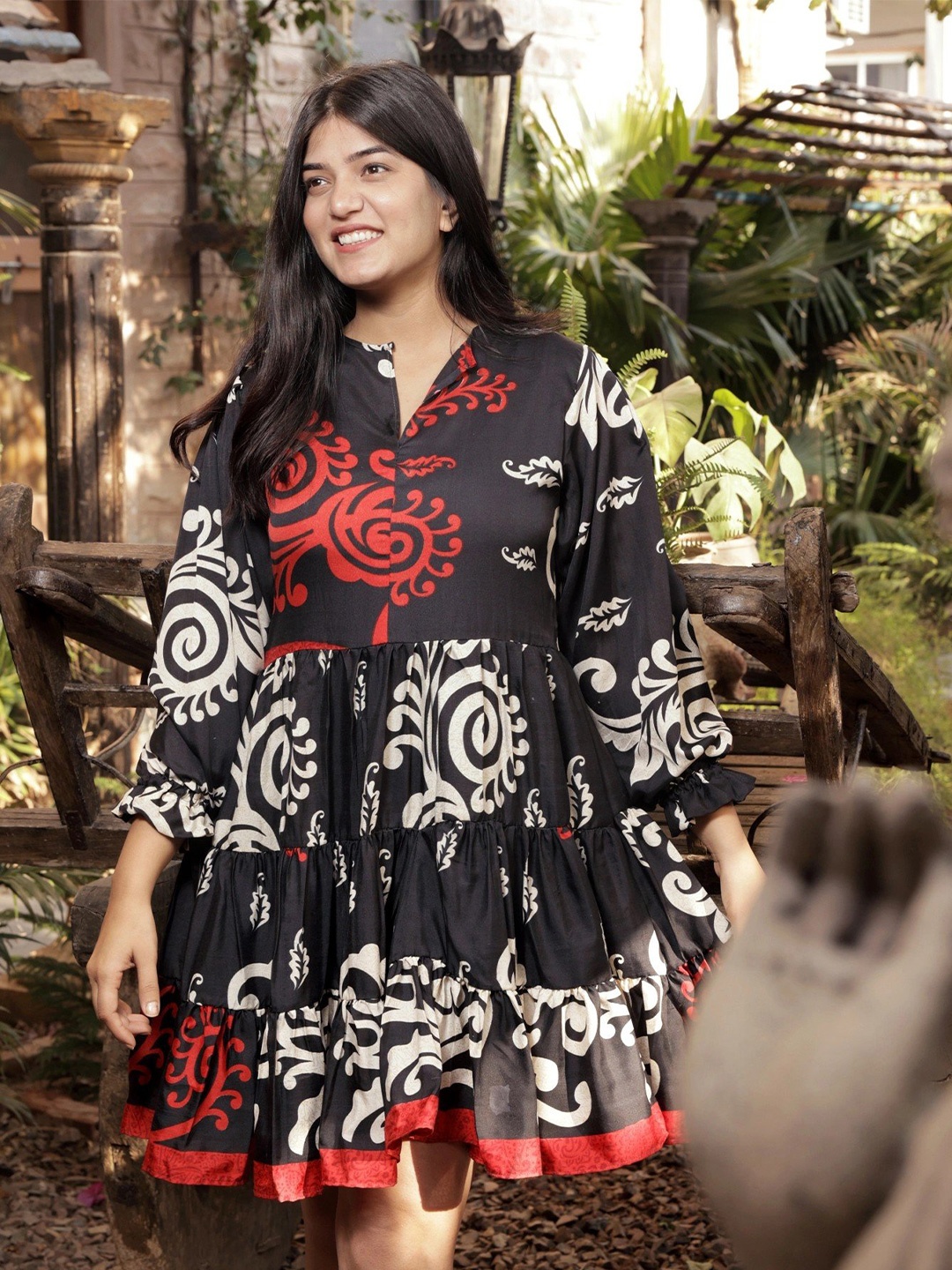 

Exotic India Vintage Pure Silk Black Beauty Frill Dress