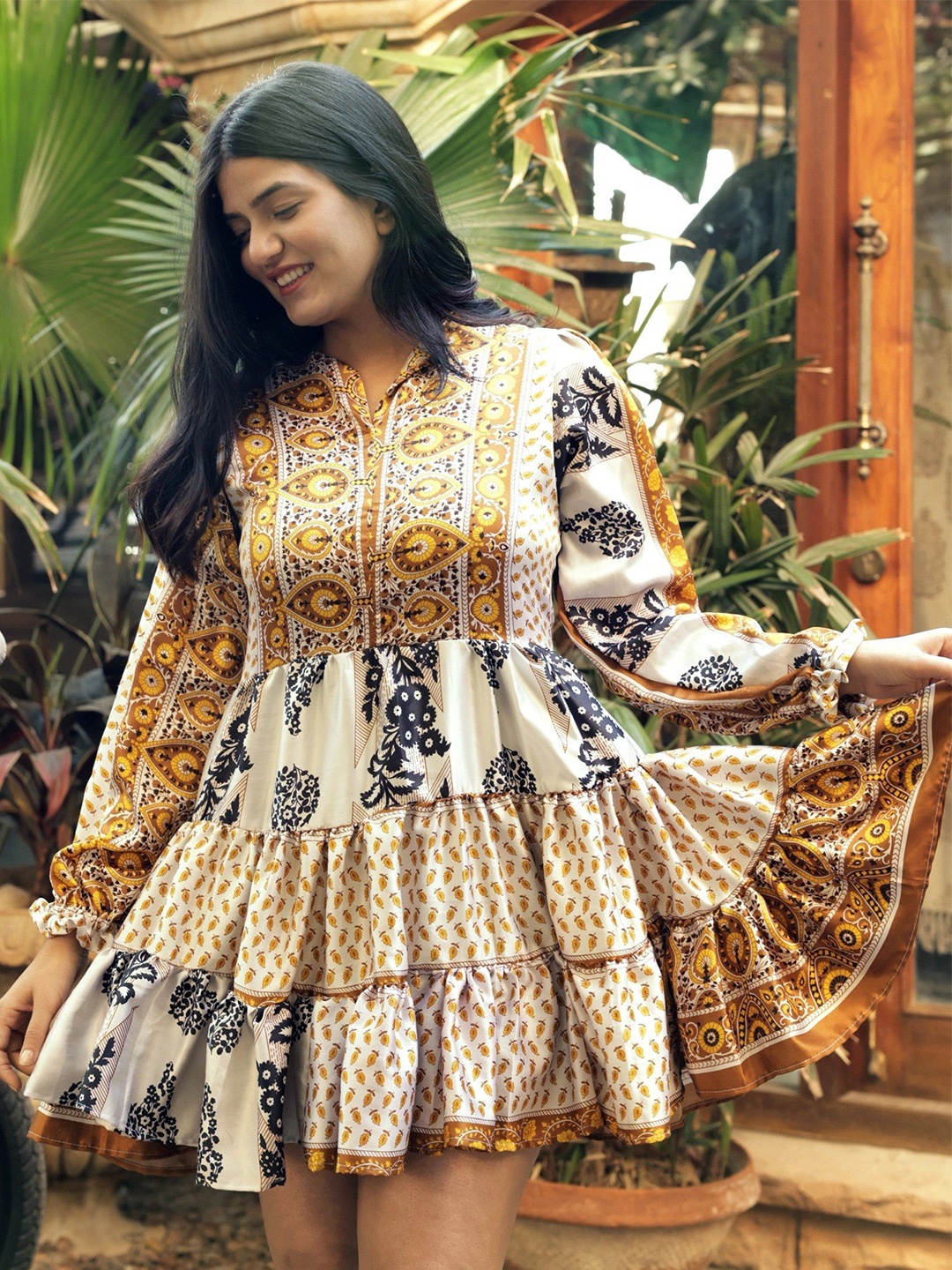 

Exotic India Blanc De Blanc Vintage Pure Silk Frill Dress, Yellow