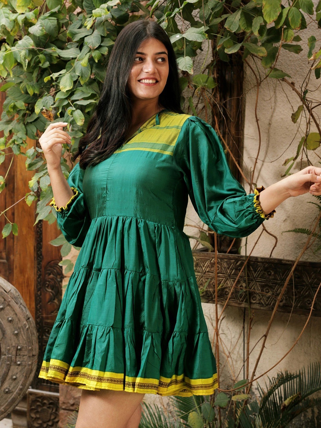 

Exotic India Notch Neck Puff Sleeves Tiered Vintage Pure Silk Fit & Flare Mini Dress, Green