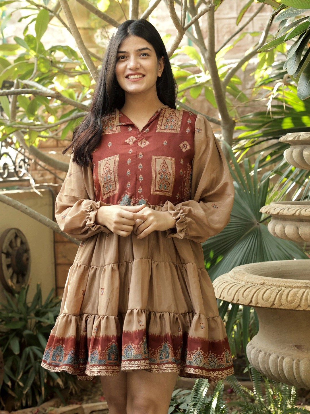 

Exotic India Cinnamons Wirl Vintage Pure Silk Frill Dress, Brown