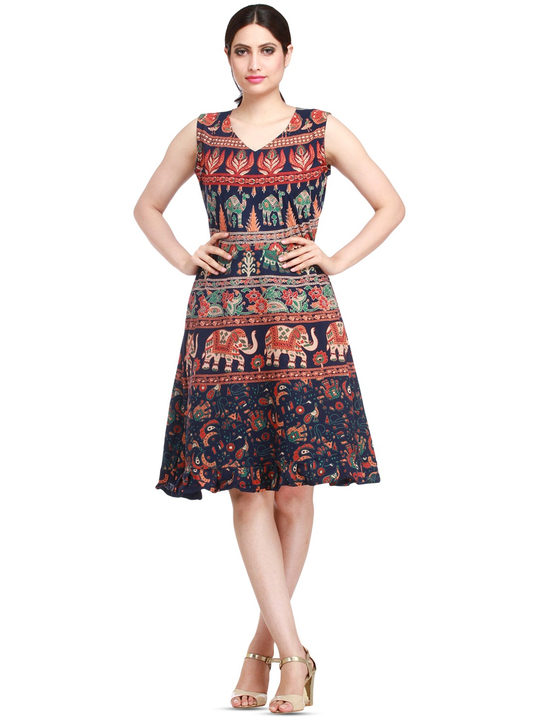 

Exotic India Medieval Blue Elephants and Camels Printed Pure Cotton Summer Dress