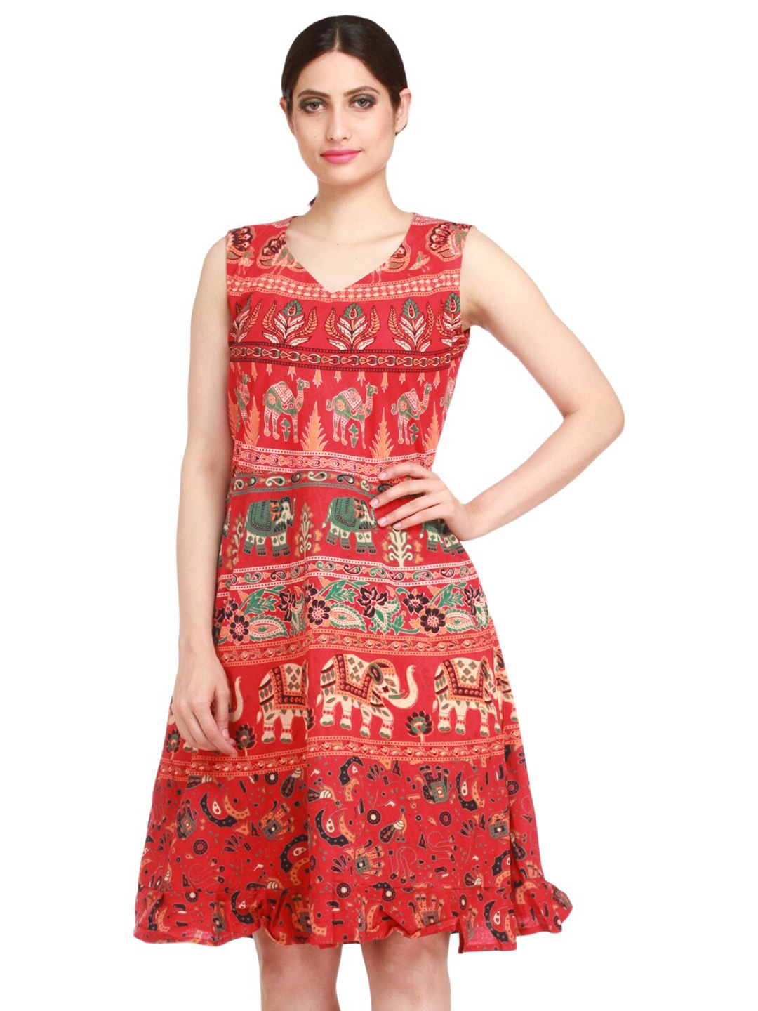 

Exotic India Poinsettia Red Elephants and Camels Printed Pure Cotton Summer Dress