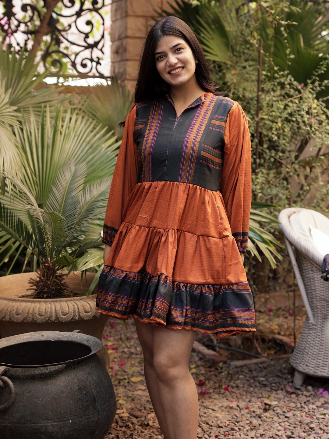 

Exotic India Rust Vintage Pure Silk Frill Dress, Orange