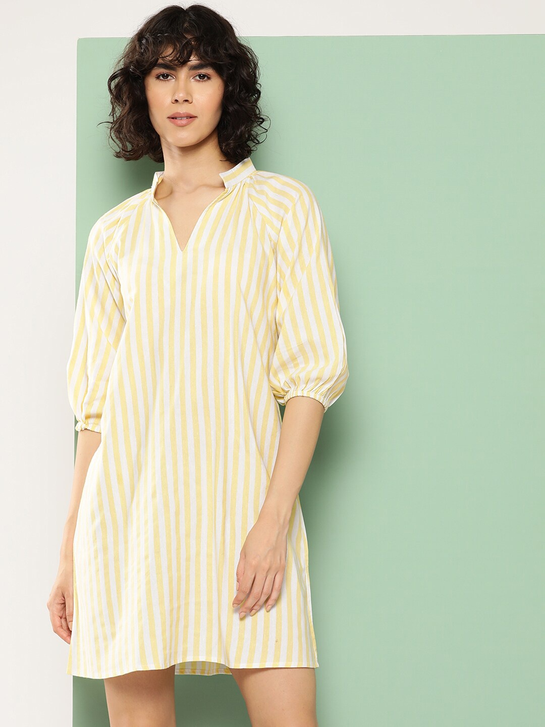 

Chemistry Striped Puff Sleeve Cotton A-Line Dress, Yellow