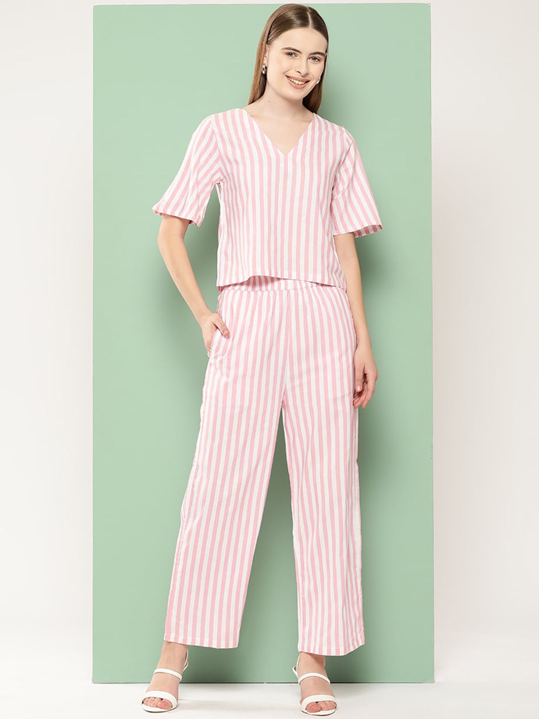 

Chemistry Striped Pure Cotton Top With Trouser, Pink