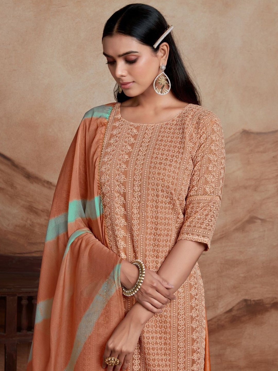 

Sangria Ethnic Motifs Embroidered Schiffli Sequin Straight Kurta With Palazzos & Dupatta, Brown