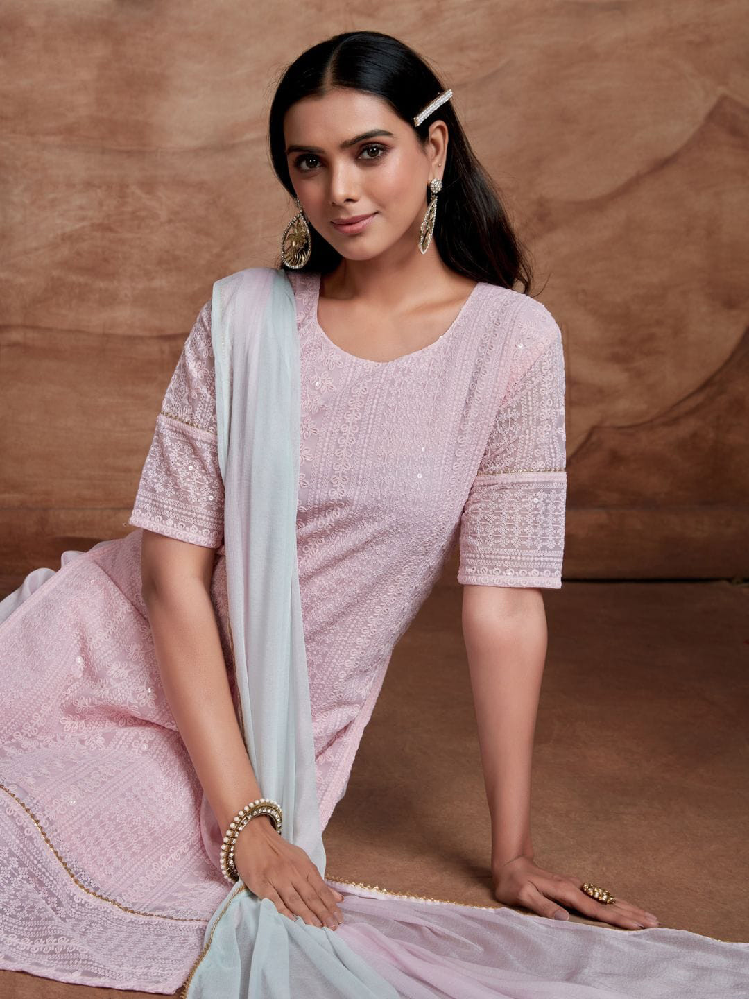 

Sangria Ethnic Motifs Embroidered Sequinned Straight Kurta With Palazzos & Dupatta, Pink