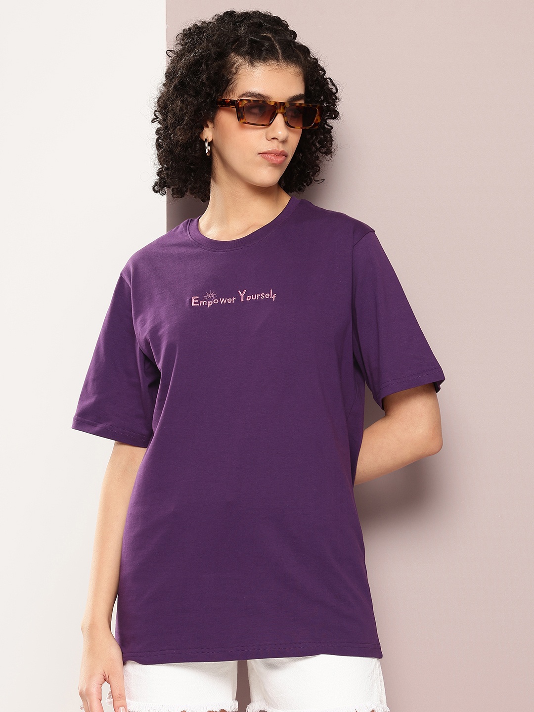 

DILLINGER Women Typography Printed Pure Cotton Oversized T-shirt, Purple