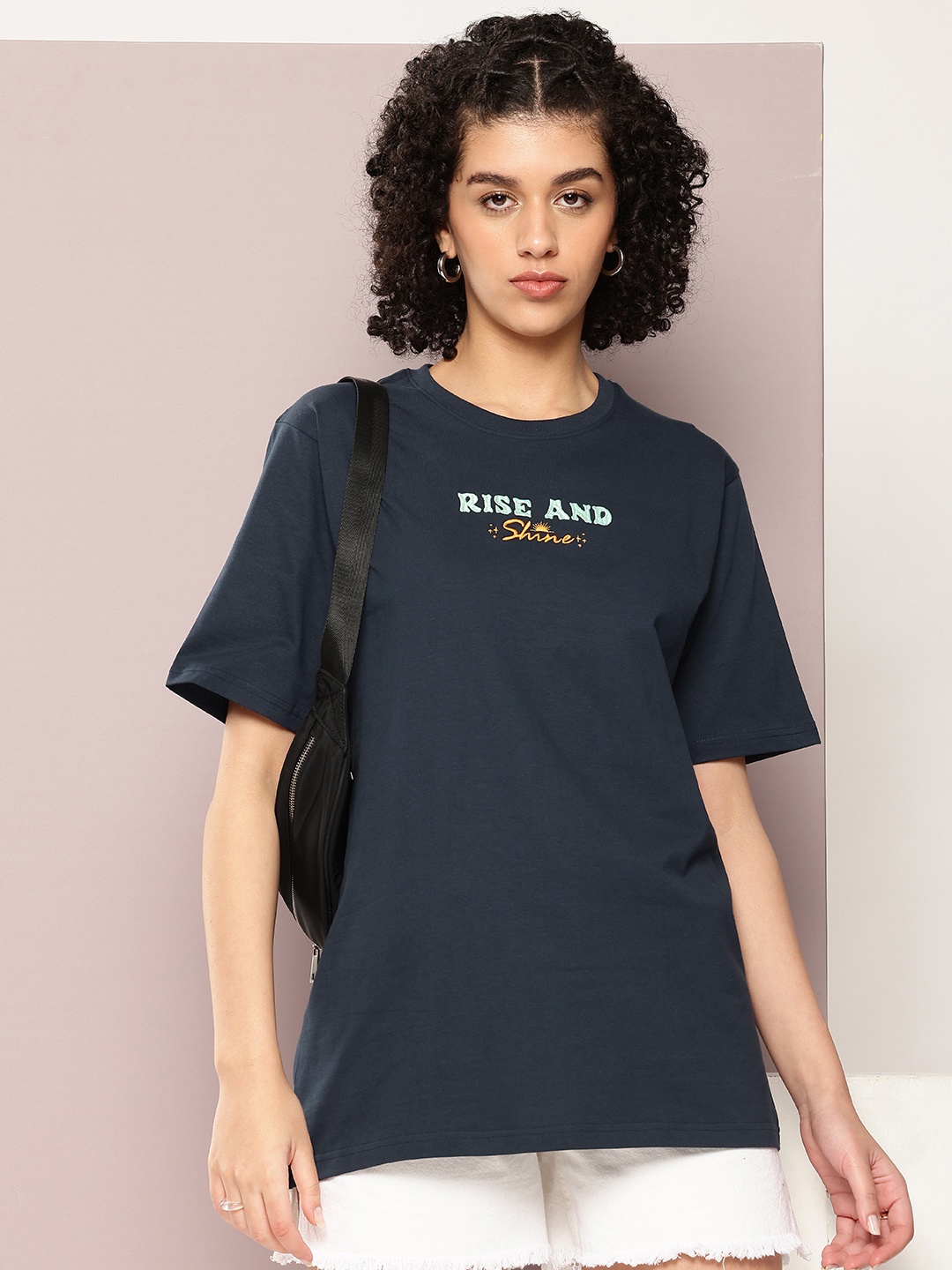 

DILLINGER Women Typography Printed Pure Cotton Oversized T-shirt, Navy blue