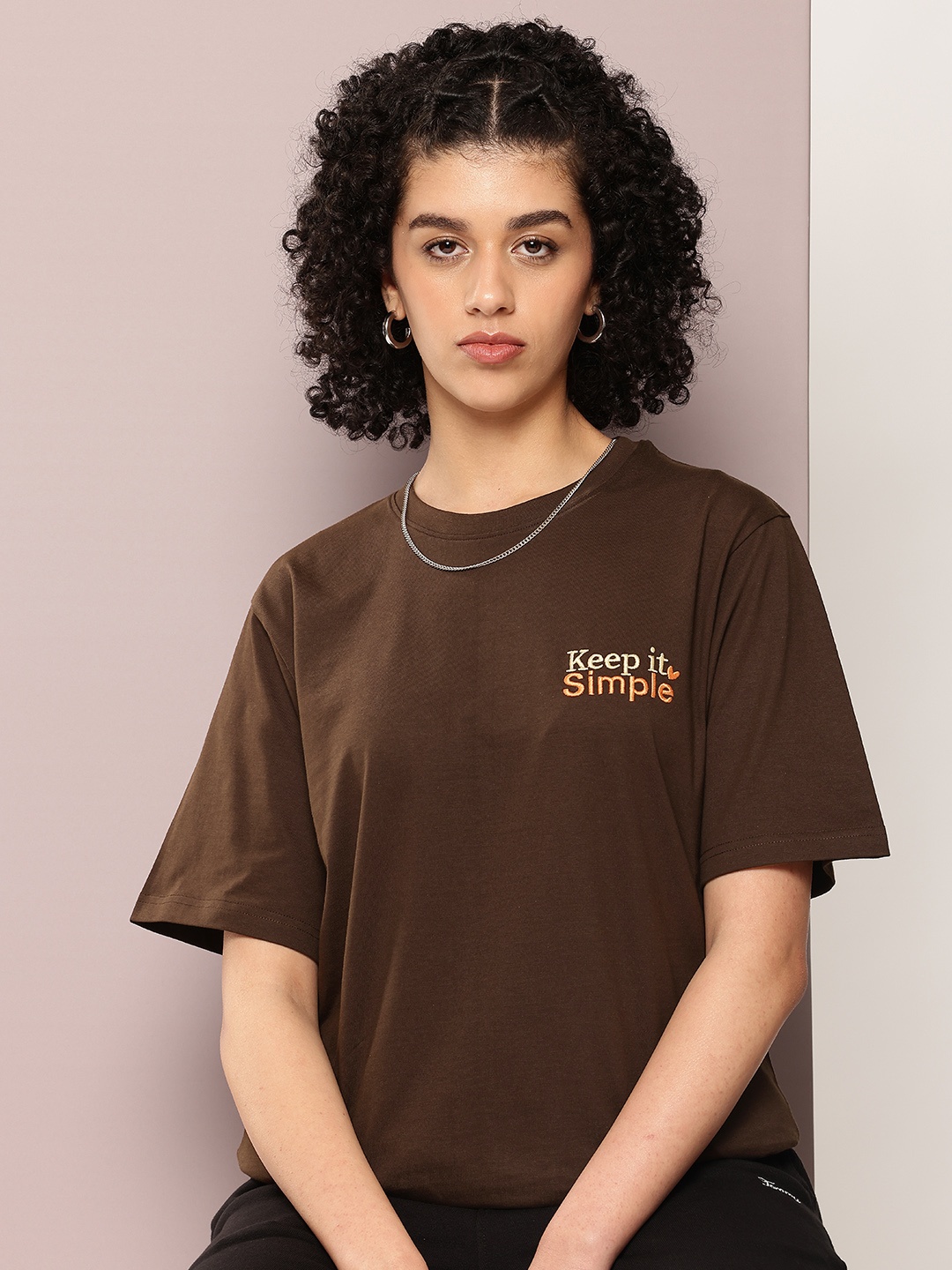 

DILLINGER Women Typography Printed Oversized T-shirt, Brown